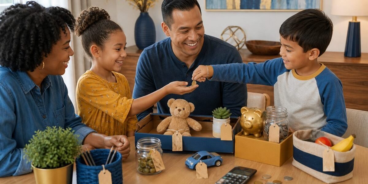 Family using a pretend store game to teach kids about money