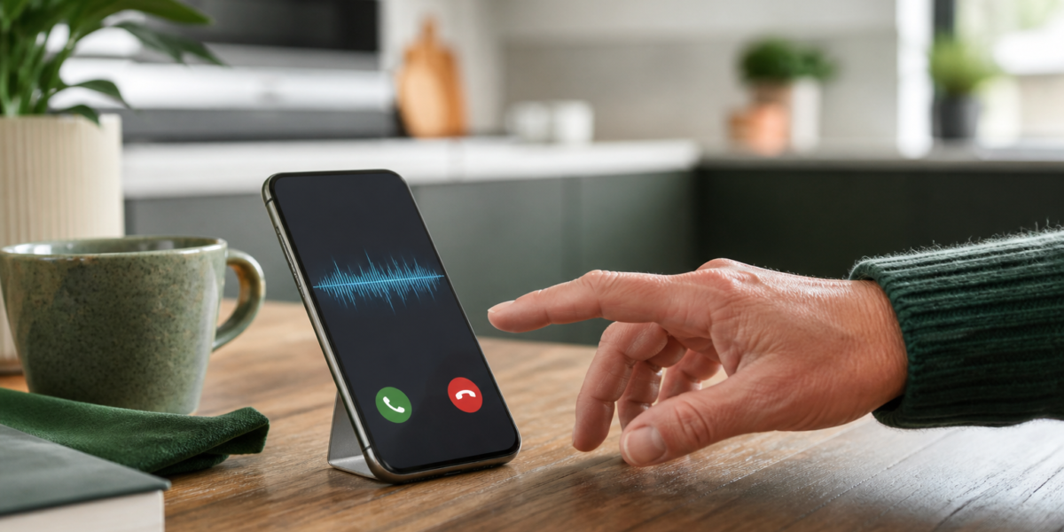 Person pausing before answering a suspicious phone call displaying a voice waveform