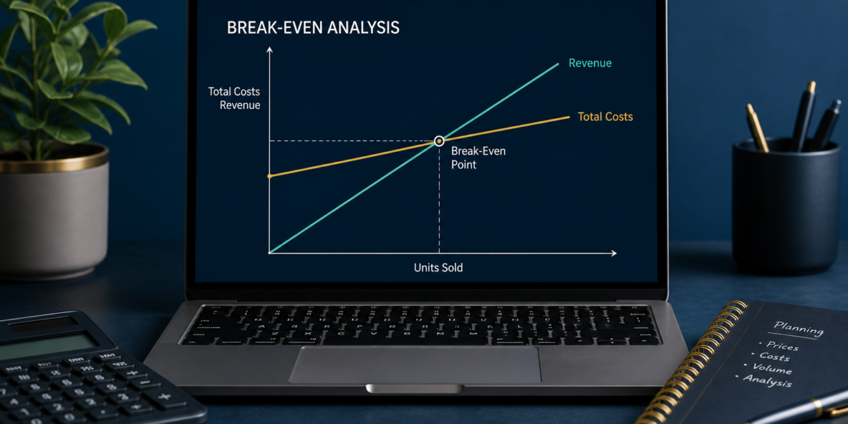 Break-even analysis chart where revenue and total cost lines intersect