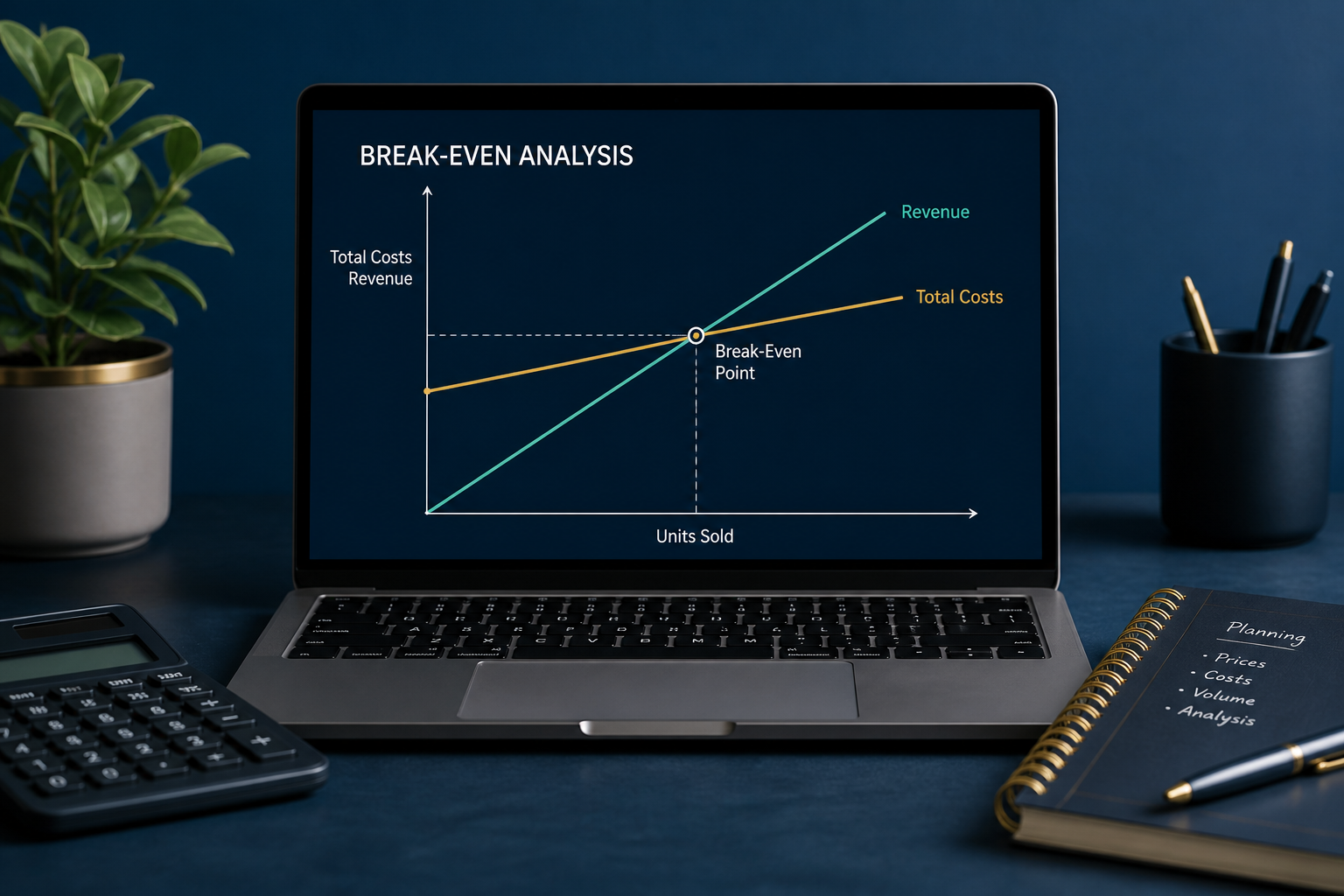 Break-even analysis chart where revenue and total cost lines intersect