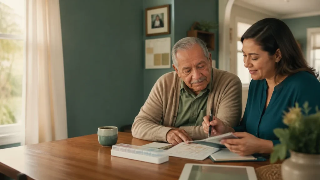 Adult daughter and older father reviewing a caregiving plan together