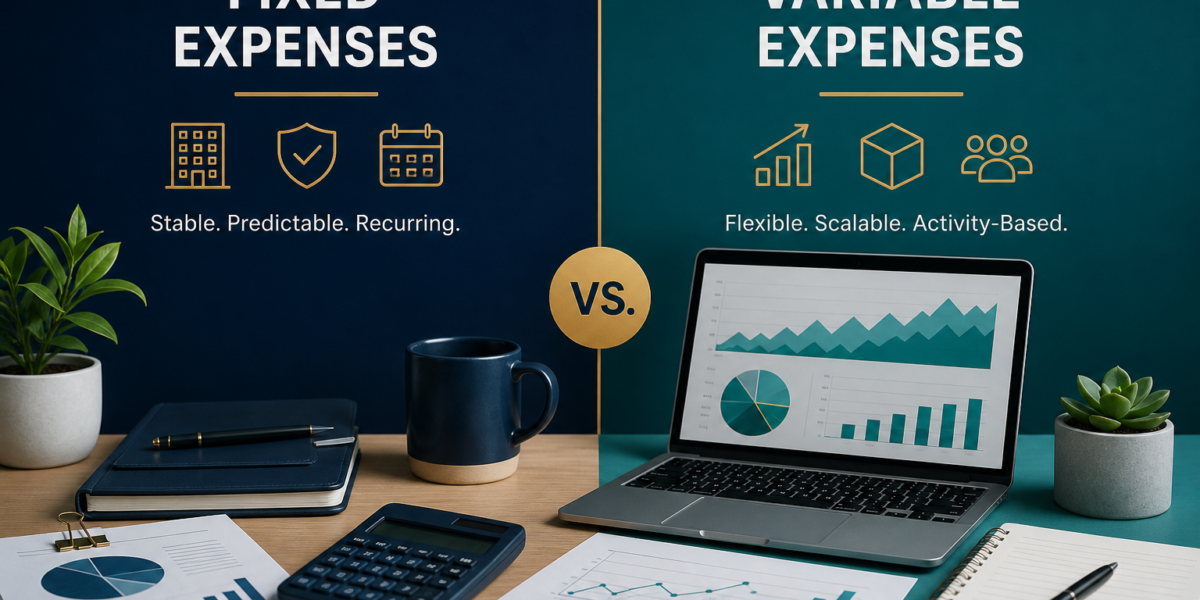 Side-by-side comparison of fixed and variable business expenses with financial charts