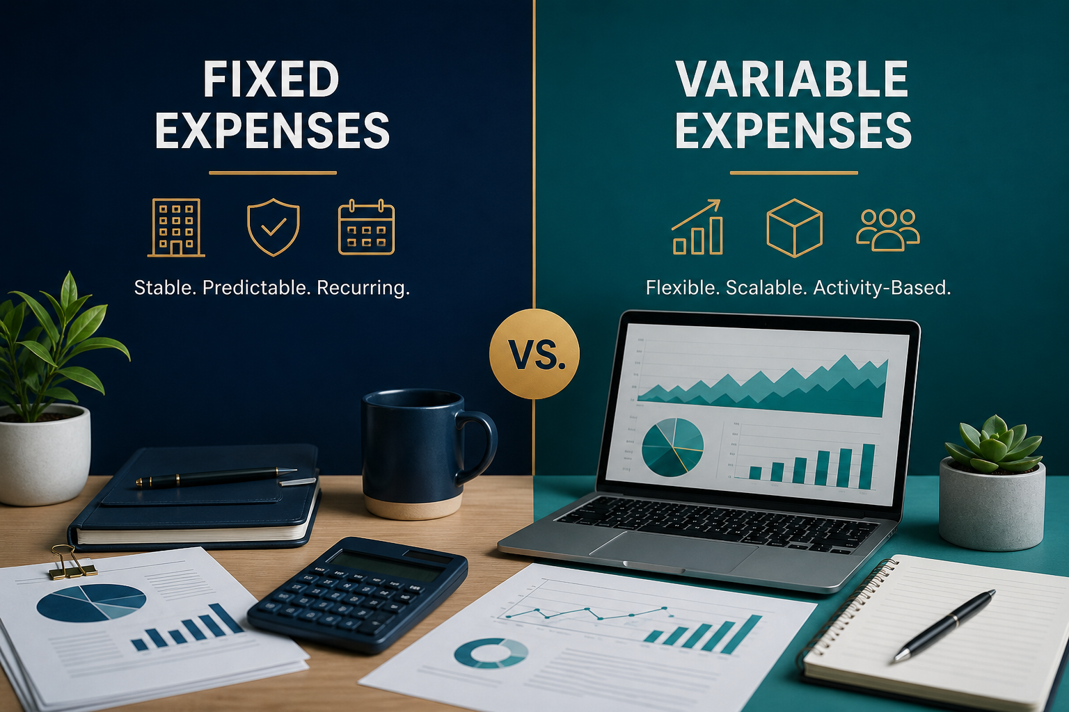 Side-by-side comparison of fixed and variable business expenses with financial charts