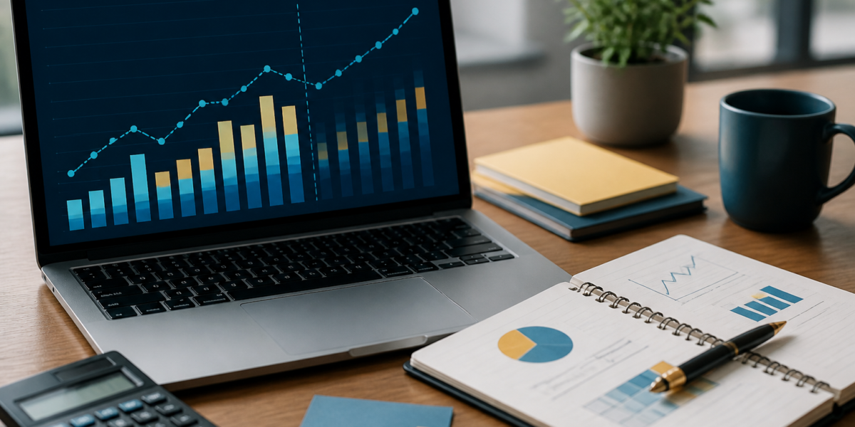 Laptop displaying a monthly small-business revenue forecast with sales charts