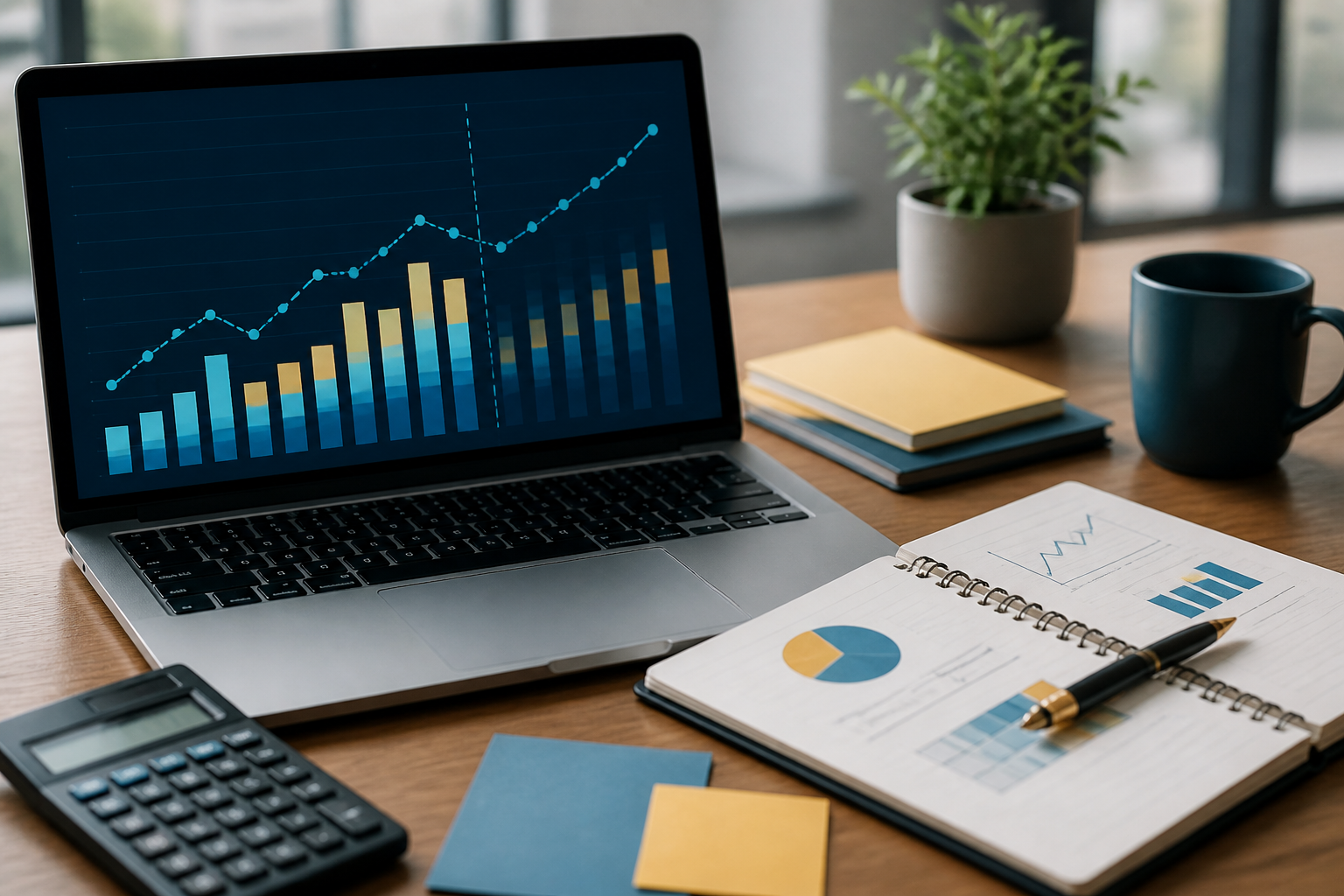 Laptop displaying a monthly small-business revenue forecast with sales charts