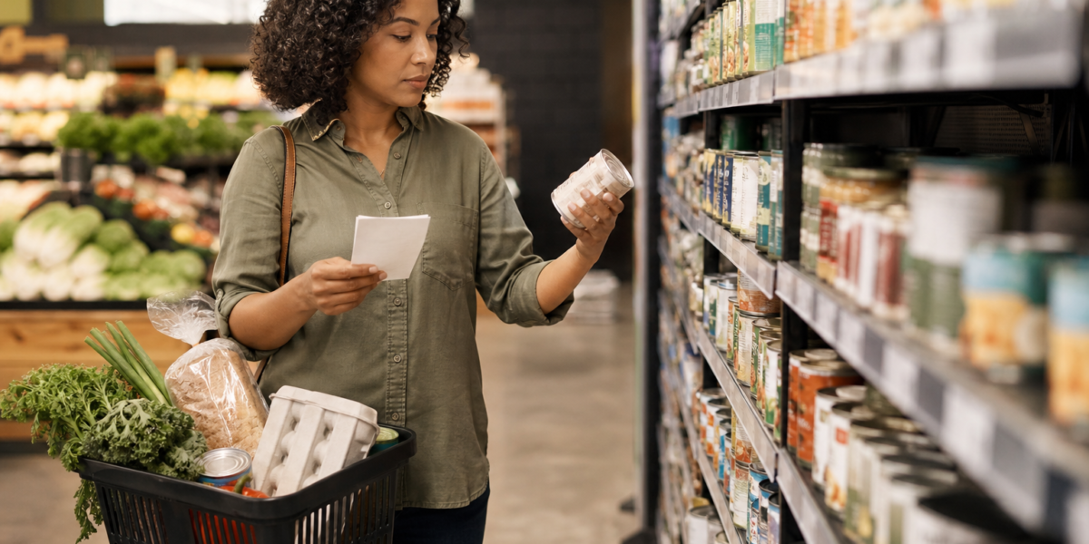 Shopper comparing grocery prices while following a household shopping list