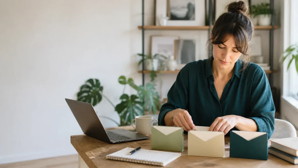 Freelancer organizing irregular income into savings envelopes