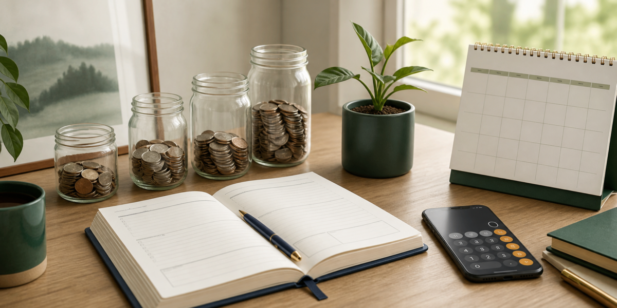 Savings jars, monthly planner, and calculator used to set a monthly savings target