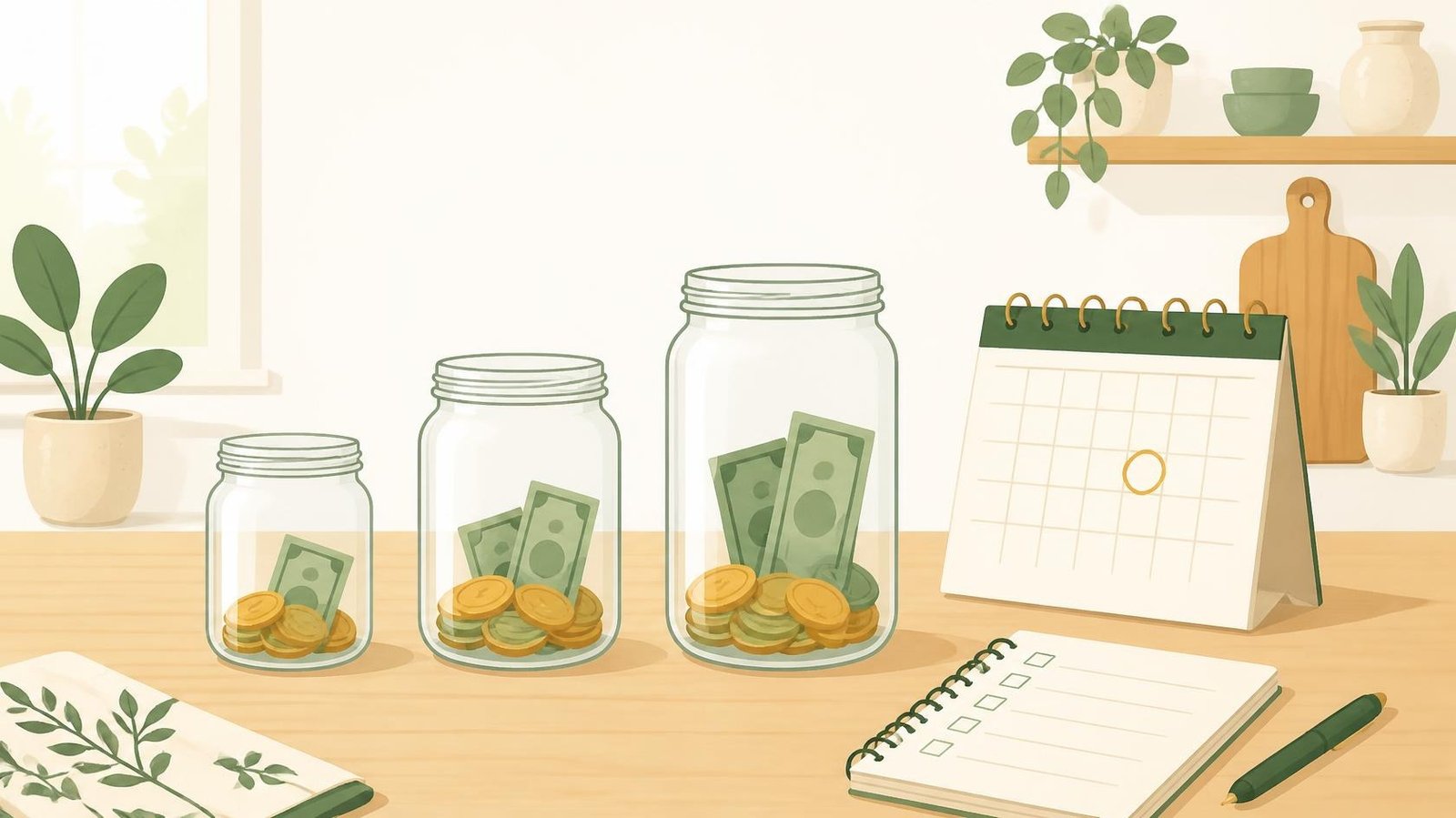 Illustration of three glass jars growing in size with coins and bills, next to a calendar with payday circled and a checklist notebook