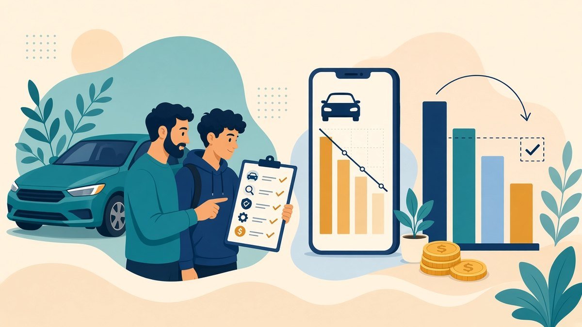 Parent and high school student reviewing a car-buying checklist, vehicle value lookup on a smartphone, and a loan-to-value chart beside a sedan