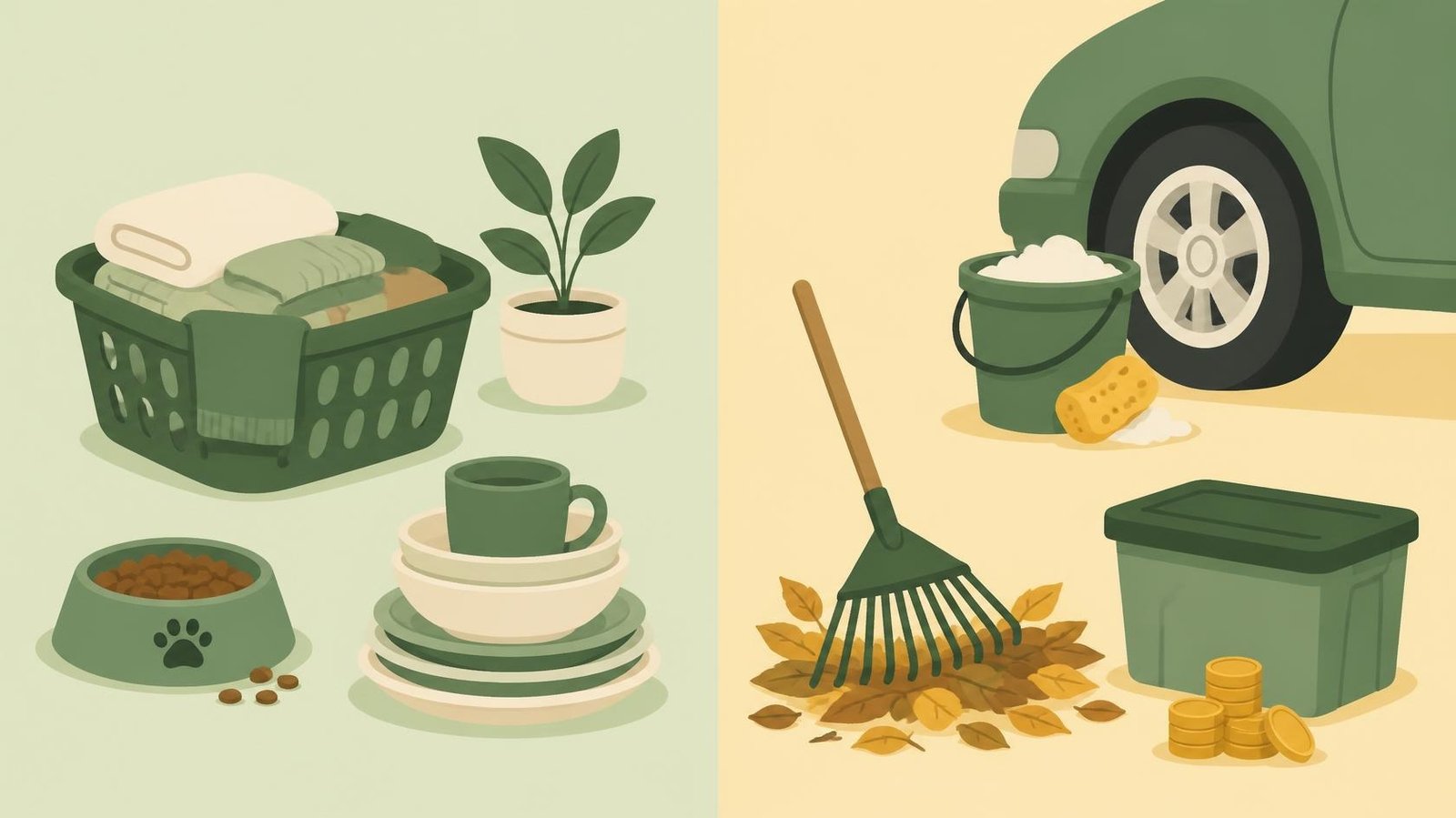 Illustration split in two: everyday chores like laundry, dishes and pet food on one side, optional paid jobs like washing the car, raking leaves and organizing storage with coins on the other