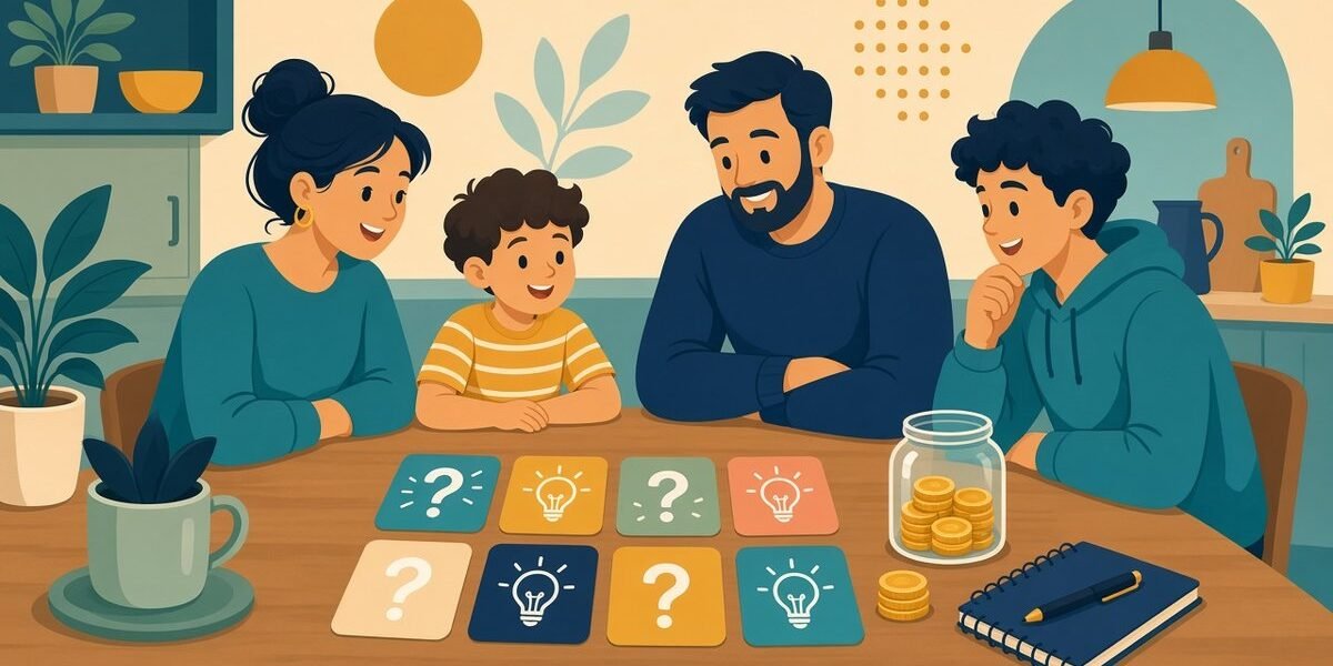 Family of four smiling around a dining table with question and idea prompt cards, a coin jar, and a notebook