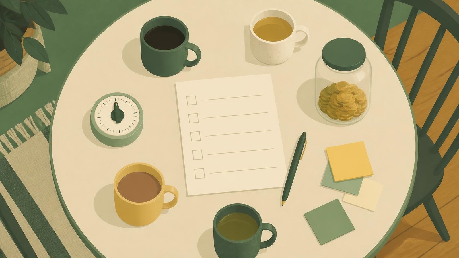 Overhead illustration of a kitchen table set for a family money meeting with mugs, a timer, an agenda checklist, a savings jar and sticky notes