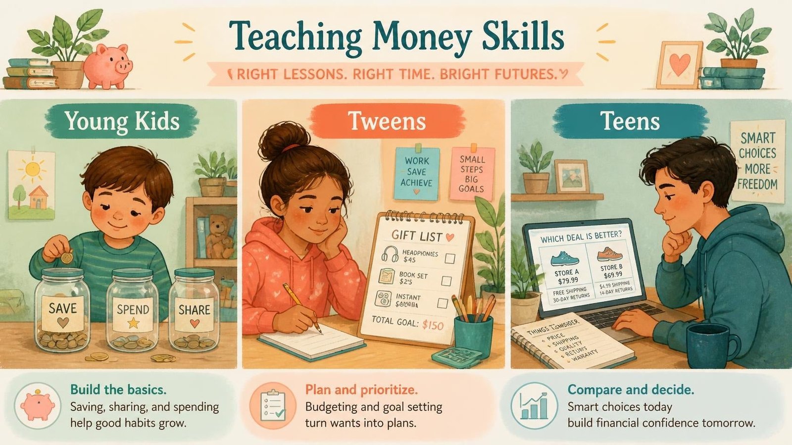 Three age tiers for teaching money skills: young kids with save spend share jars, tweens with a gift list, teens comparing prices