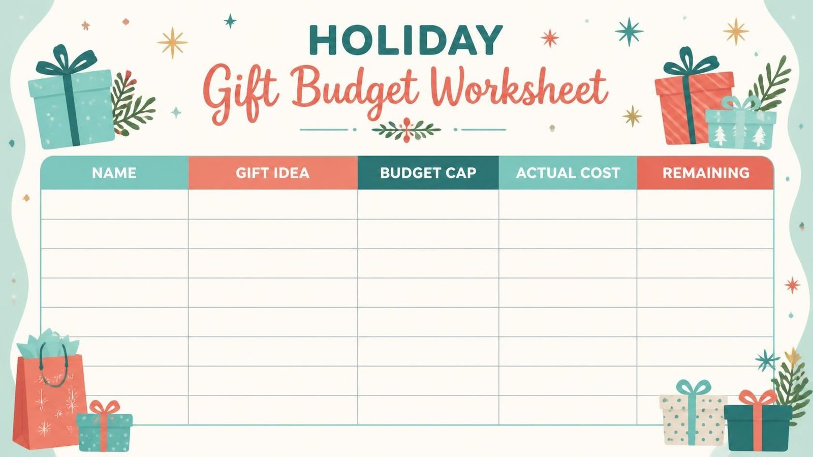 Holiday gift budget worksheet with columns for name, gift idea, budget cap, actual cost, and remaining