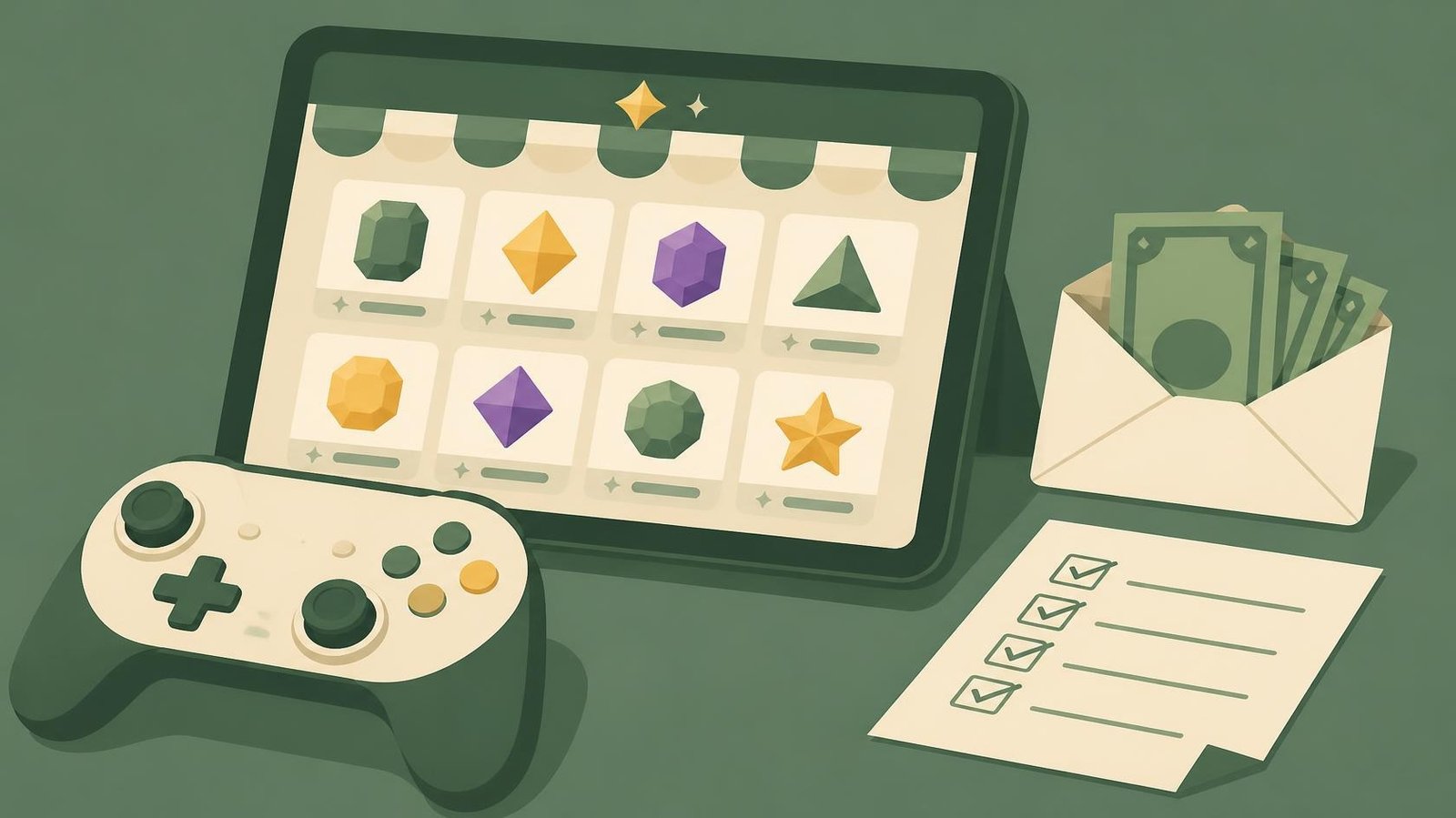 Illustration of a game controller and a tablet showing a shop of colorful gems, next to an envelope of cash and a checklist