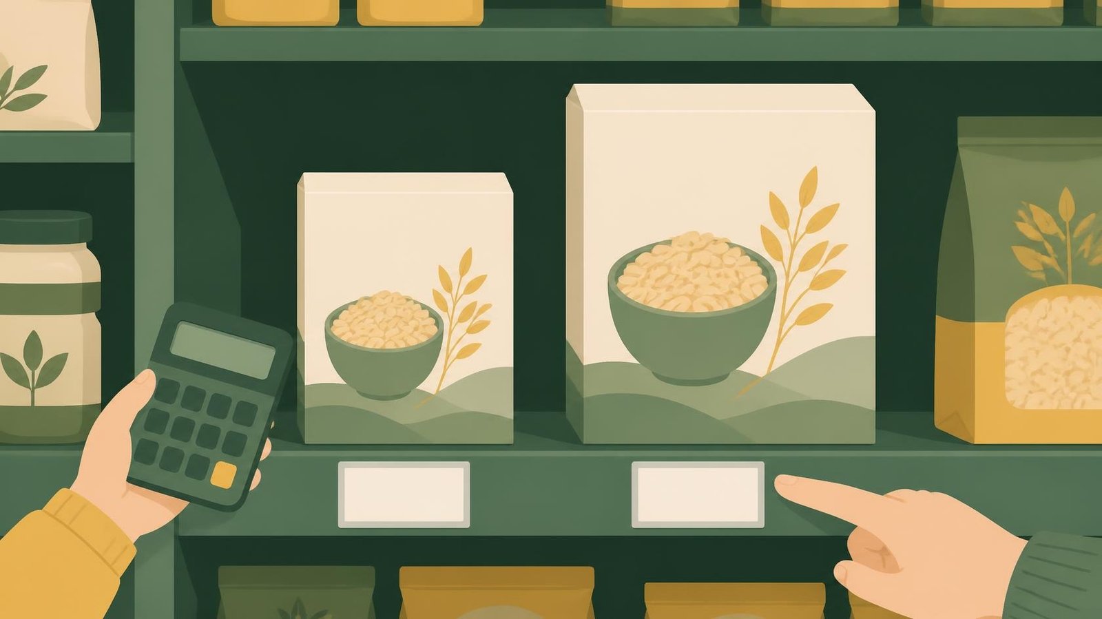 Illustration of a child's hand holding a calculator while a parent points to the shelf tags under a small and a large box of oats